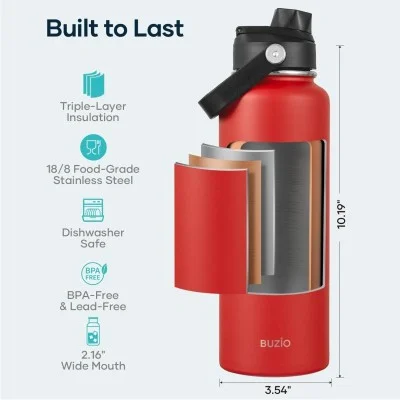 Buzio Duet Series Water Bottle with 2 Lids and Sleeve 1.2L - Red